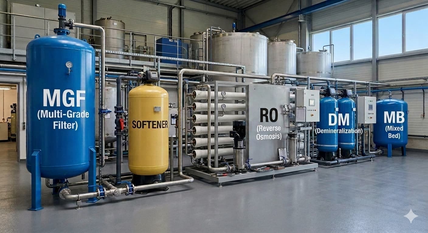Raw water treatment scheme — MGF, Softener, RO, DM, Mixed Bed skid